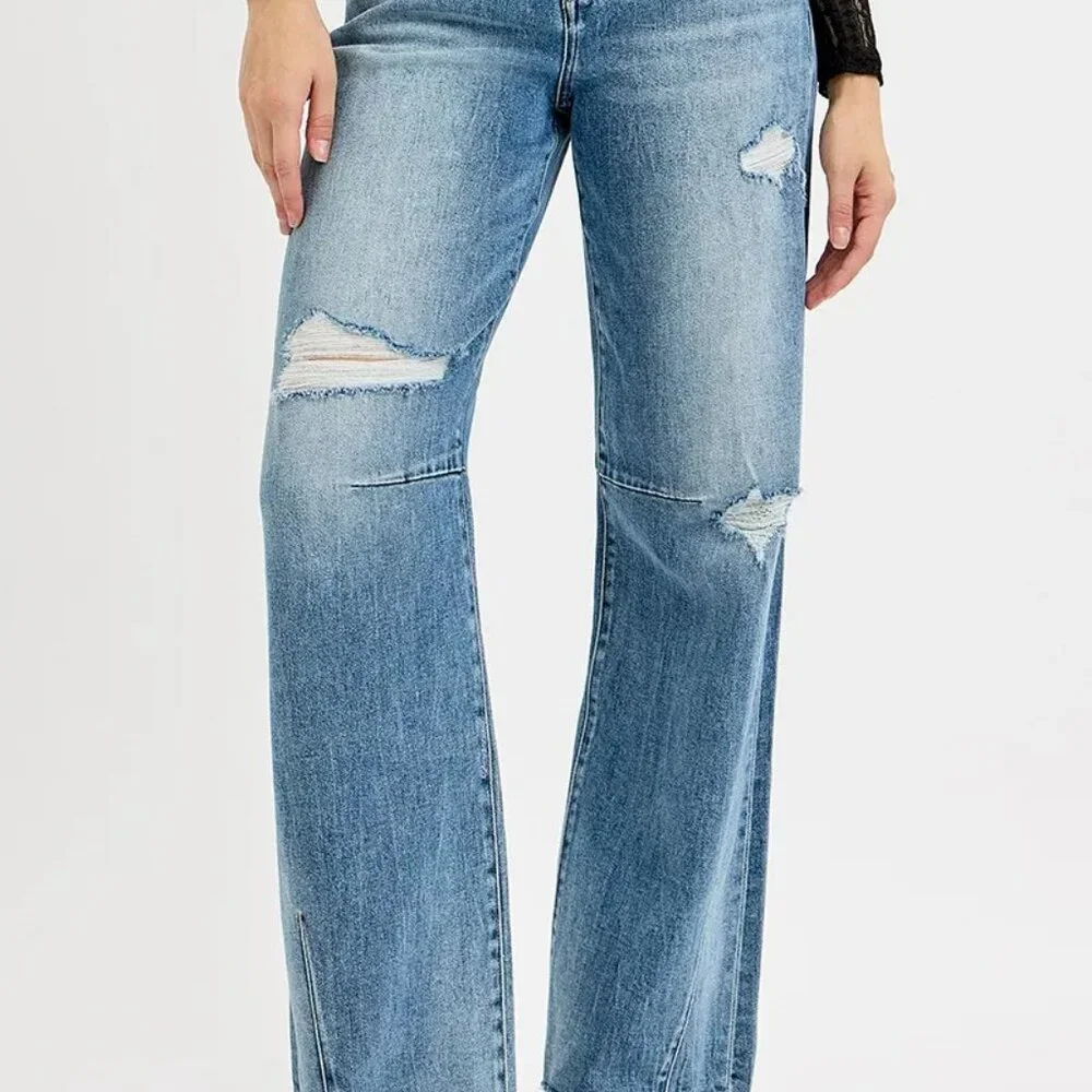 RISEN Full Size‎ Mid Rise Fit Wide Baggy Leg Tie Washed Jeans Plus Size